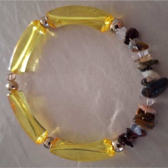 Yellow Bangle Cuff Bracelet Handmade with Stone, Metal, and Plastic - Picture 5 of 6